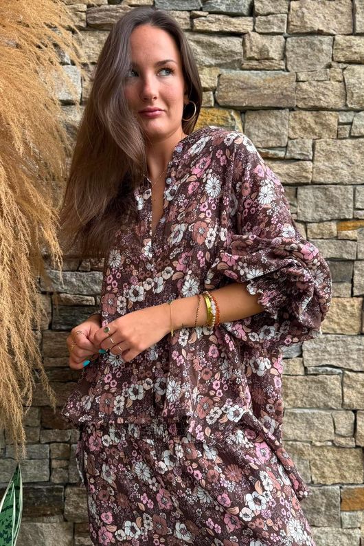 Daughter Of Ibiza Lovechild Balloon Sleeve Shirt Chocolate & Rose 